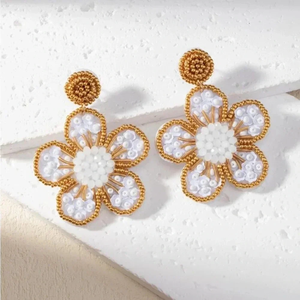 Flower Earrings | Beaded Earrings | Rhinestone tiny beads Earrings